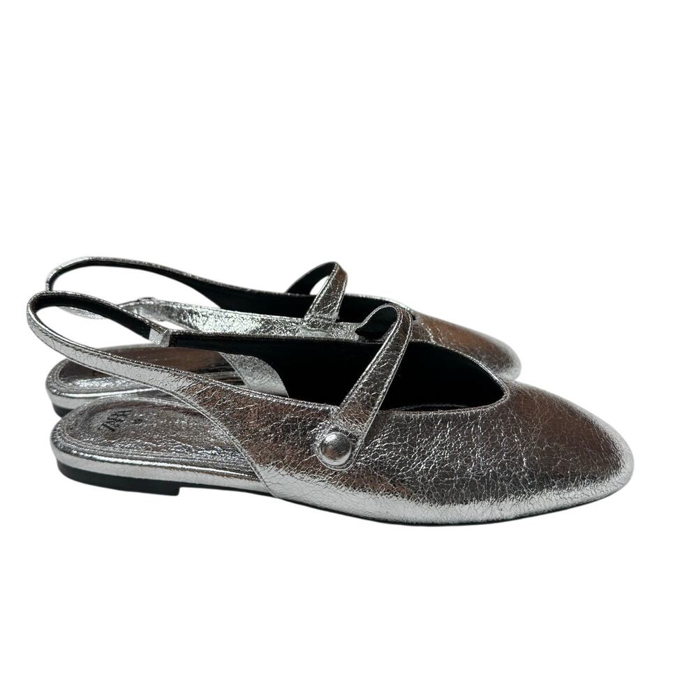 Zara Silver Metallic Mary Jane Slingback Ballet Flats Size 39/8 - Picture 4 of 12